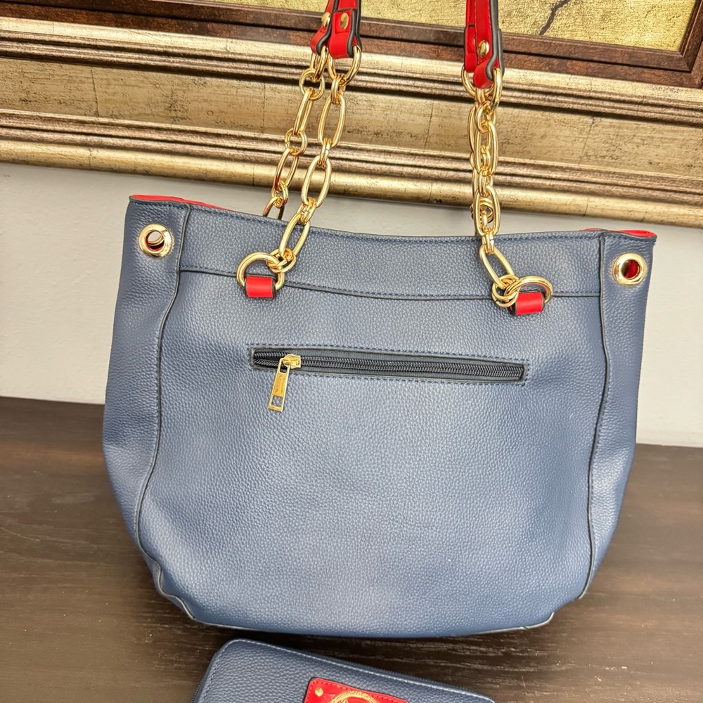 MKF Collection Blue Red Chain Shoulder Bag with Matching Wristlet - Picture 3 of 12